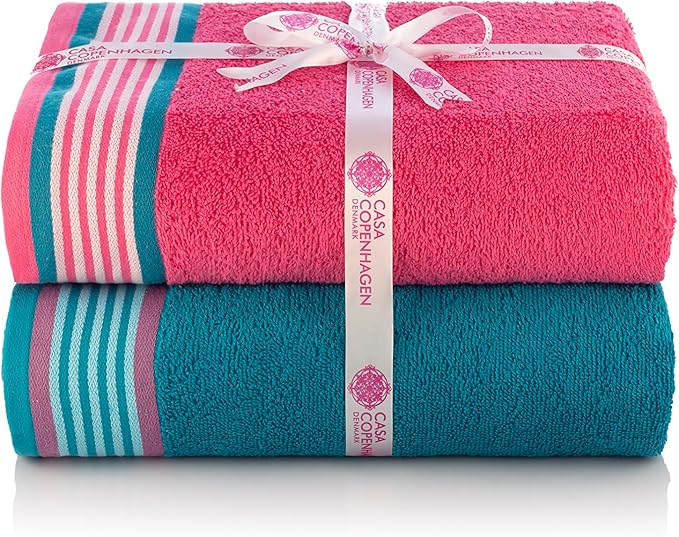 CASA COPENHAGEN He & She 6Pcs 100% Egyptian Cotton Large Designer Towels Gift Set- Cyan - Coral, 550GSM, 2Bath 2Hand 2Washcloths, Bath Towels for Bathroom (Gift Set for Women & Men)