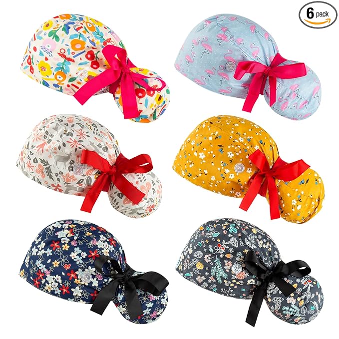 Scrub Caps Women Bouffant Scrub Caps, Adjustable Working Cap Ponytail Pouch Tie Back