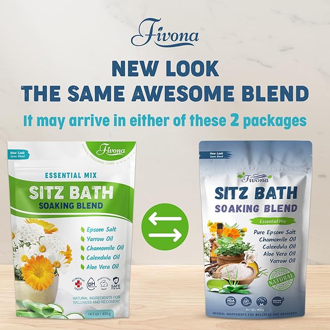 Fivona All Natural Sitz Bath Soaking Blend - Epsom Salt with Pure Essentials Oils - for Hemorrhoid, Fissure, Postpartum Care, Bartholin Cyst Treatment - Essential Mix - 2 Pack (14.1 oz Each)