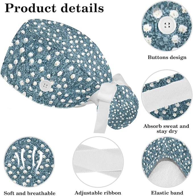 Scrub Caps Women Nursing Hats Floral Flowers with Buttons Ponytail Working Adjustable Pouch Tie Back
