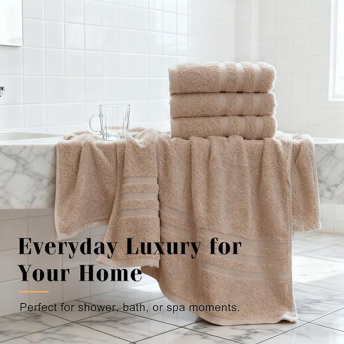 Bath Towels 4 Pack, 30 x 60 Inches, Large 100% Cotton Towels, Soft, Absorbent, Comfortable for Home, Spa, and Gym, (Beige)