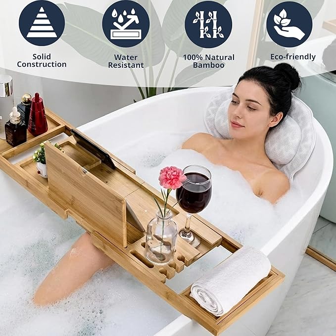 Bath Tray for Tub and Ergonomic Pillow Premium - Caddy Expandable 29 to 42.5 Inch -Foldable Bamboo Wood Tub Organizer - Luxury Bathtub Tray Wood Bamboo
