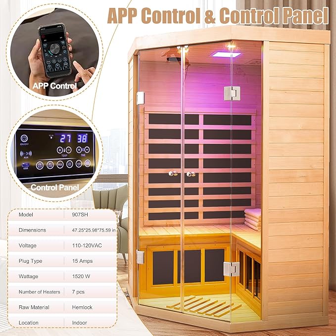2 Person Far Infrared Sauna 0-5mG Ultra Low EMF 1520W Indoor Sauna Canadian Hemlock Wood Sauna for Home with APP Control, LCD Control Panel, Chromotherapy Lights, Constant Temperature Cover