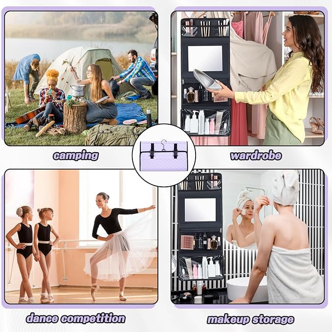 Travel Hanging Toiletry Bag with Mirror Leather Travel Hanging Mirror Foldable Dance Competition Makeup Bag Backstage Cosmetic Organizer for Traveling Dancers Spa(Classic,Purple)