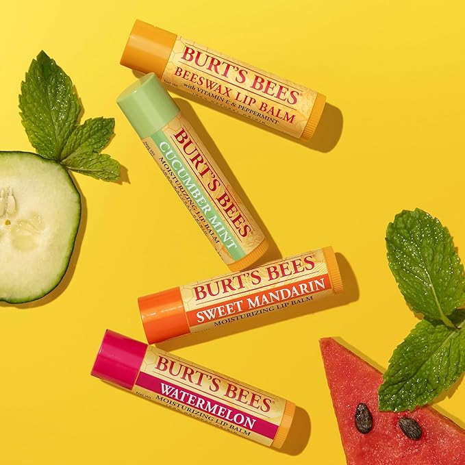 Burt's Bees Lip Balm - Original Beeswax, Cucumber Mint, Watermelon & Sweet Mandarin, With Responsibly Sourced Beeswax, Tint-Free, Natural Origin Treatment, 4 Tubes, 0.15 oz. (Pack of 12)