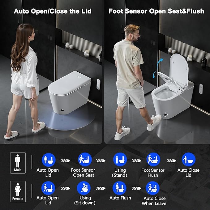TDH Smart Toilet with Bidet Built in,Foam Shield, Blackout Flushing,Heated Seat with Instant Water, Aromatherapy Tablet,Foot Sensor Auto Open/Close,Ambient Lighting for Bathrooms