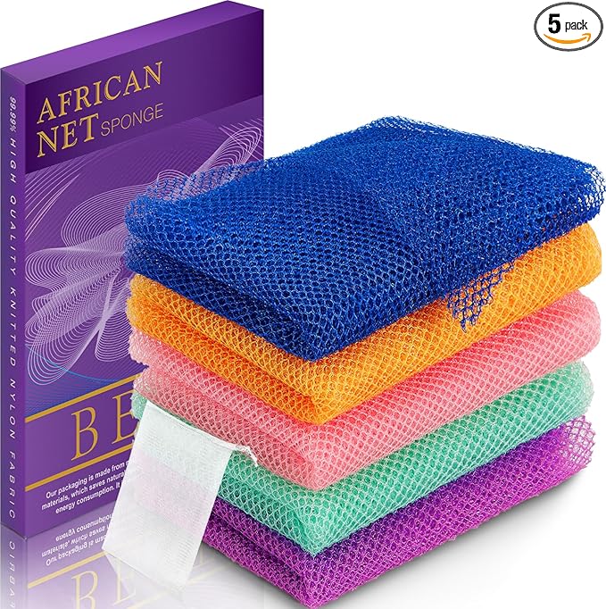 African Net Sponge for Deep Exfoliation –Authentic Exfoliating Washcloth, Quick-Drying African Exfoliating Net for Smooth, Glowing Skin&Full Body Scrubbing(Purple Green Pink Orange Blue)