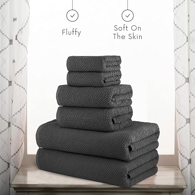 CASA COPENHAGEN EcoPop 6Pcs 100% Cotton Large Designer Towels Gift Set- Pine Grey, 550 GSM, 2Bath 2Hand 2Washcloths, Bath Towels for Bathroom Set for Women & Men