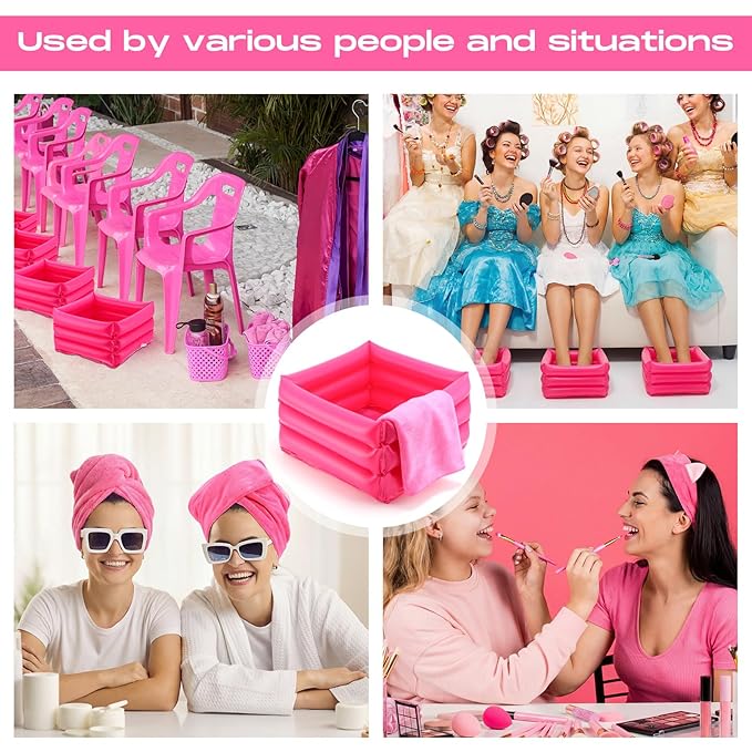 85 Pcs Spa Kit Nail Art Kit Sleepover Party Supplies with 12.5 x 12.5 in Inflatable Foot Tubs Foot Bath Towel and Basket DIY Manicure Pedicure Set for Slumber Party(Rose Red)