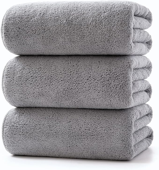Lumimi Towels 3 Piece Very Soft Microfiber Bath Towel Set Super Absorbent Light Quick Dry and Durable, 55" L x 27" W, 3 Pack Light Grey