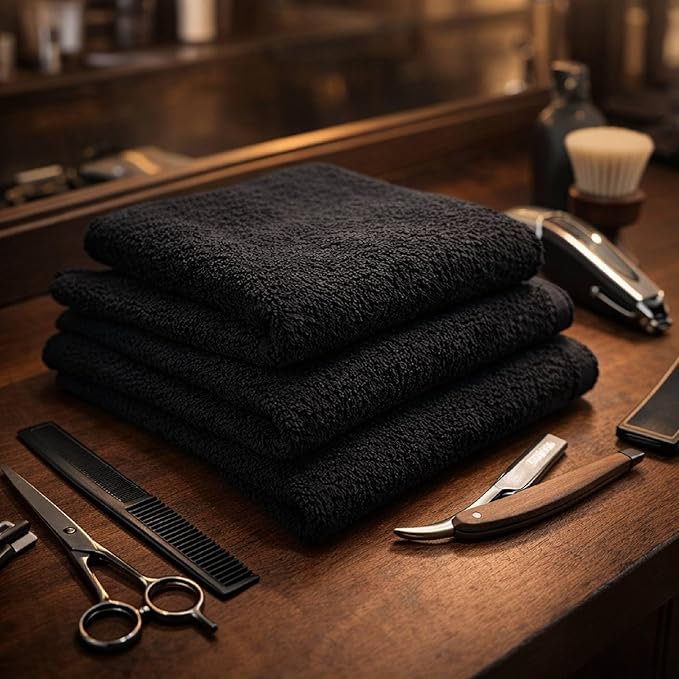 HOME ESSENTIALS Salon Towels (15 x 25 inches) 24 Pack, Black Hand Towels for Bathroom, Quick Dry Gym Towels, Spa Face Towel, Absorbent Cotton Towels for Barber, Gym, Bath, Pedicure and Home Hair Care