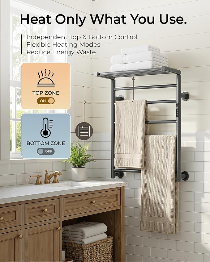 Foldable Heated Towel Rack, Dual-Zone Electric Towel Warmer Rack with Timer, GFCI Plug-in or Hardwired, Wall-Mounted, Drill-Free Installation, Twilight Grey, CA3-900X550-Standard-TG