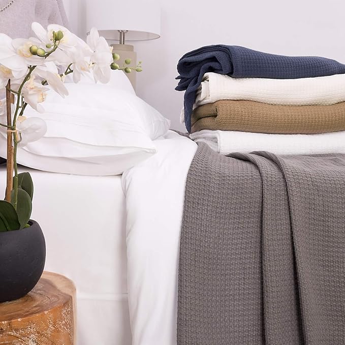 Sweet Home Collection 100% Fine Cotton Luxurious Basket Weave Blanket, Dark Gray Full/Queen