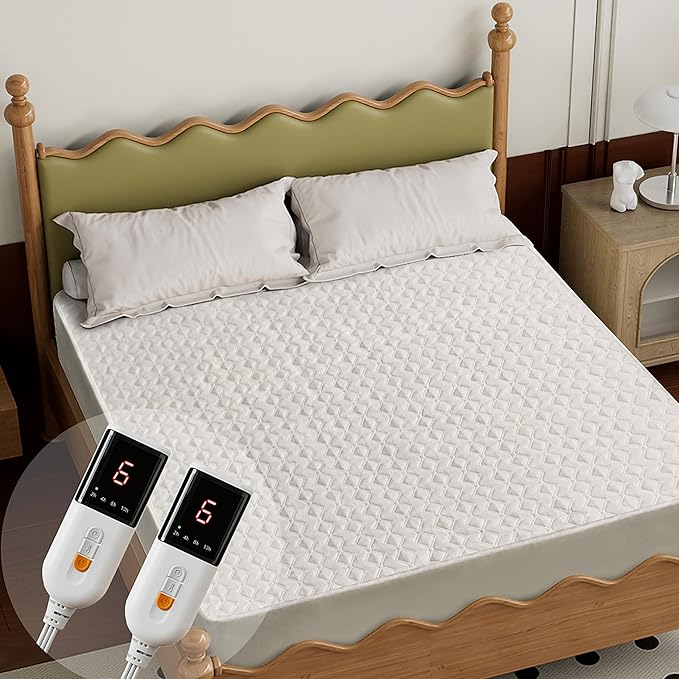Gotcozy Heated Mattress Pad Califonia King Size Dual Control - Electric Mattress Pad Fit up to 15‘’ with 6 Heat Setting & 10 Hour Auto Off ETL Certified Machine Washable(White)