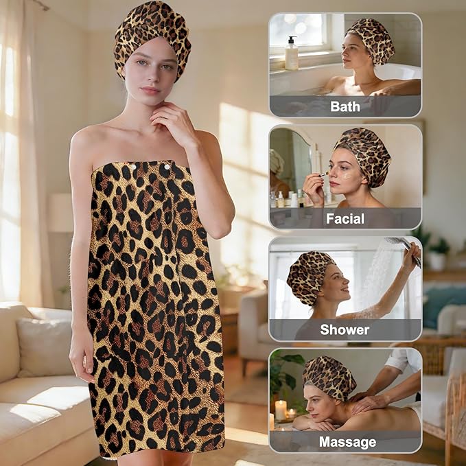Absorbent Leopard Print Bath Towel Wrap Set for Women, Leopard Print Towel Wrap After Shower, Microfiber Shower Robe Body Towel Wraps for Women, Quick Dry Hair Towels Wraps for Spa Hotel Beach
