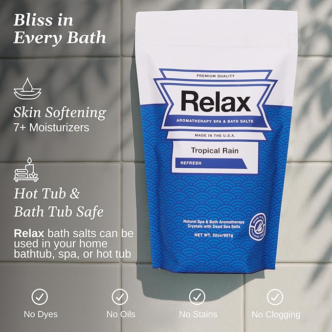 Relax Spa & Bath Aromatherapy Bath Salts for Hot Tub, Bath, or Spa, 2LB Bag Infused with Magnesium, Bath Salt for Soaking, Tropical Rain Scent