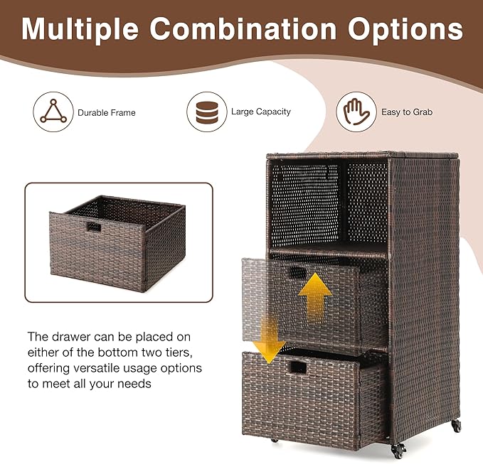 HOMREST Outdoor Pool Towel Rack with Storage Cabinet, Waterproof PE Rattan Wicker Poolside Towel Organizer with Shelves & Drawer, Rolling Wheels Towel Valet Caddy for Patio, Hot Tub, Spa,Brown