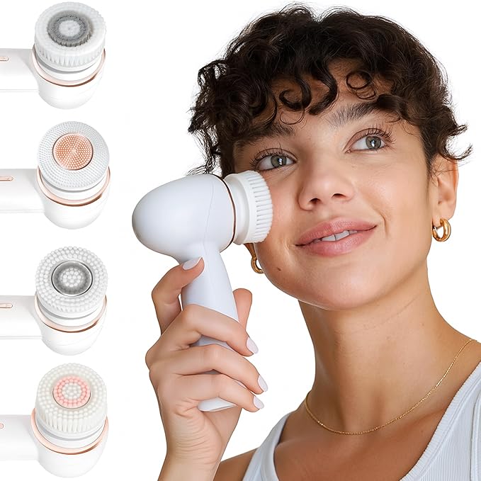 Raedia 2.0 Handheld Facial Cleansing Brush with 4 Interchangeable Brush Heads by Vanity Planet - Lightweight Daily Cleansing Brush for Glowing Skin - Water Resistant Face Exfoliator - Grey