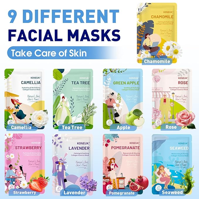 54 Pack Bulk Sheet Face Masks Skincare, Hydrating and Moisturizing Face Mask for All Skin Types, Collagen Facial Masks for Skin Care, Mothers Day Gifts, Teacher Appreciation Gifts (9 Types x 6 Pcs)