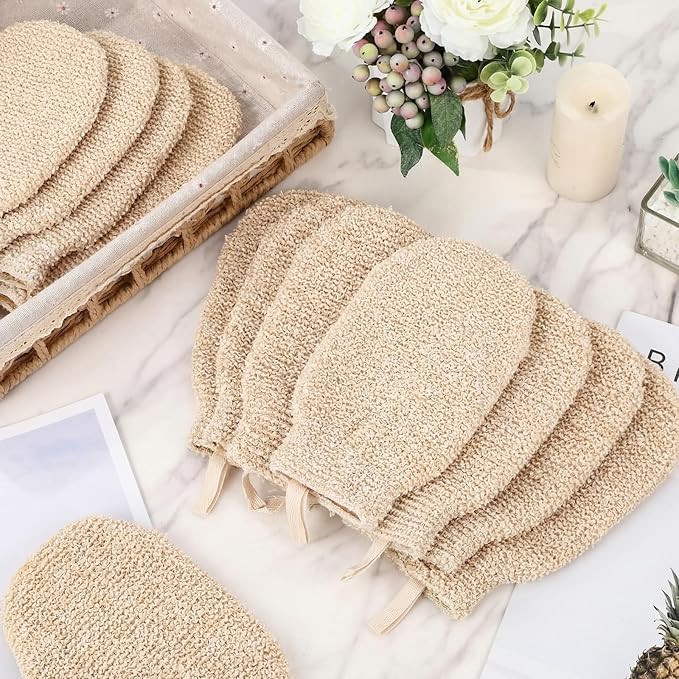 30 Pcs Exfoliating Shower Gloves Stretchable Ramie Bath Mitts with Hanging Loop Body Scrubber Exfoliator Loofah Washcloth Deep Clean Dead Skin for Spa Massage Skin Shower Hotel Use (Beige)