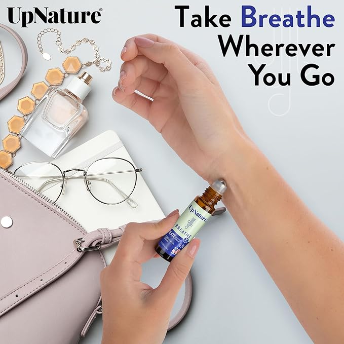 UpNature Breathe Essential Oil Roll On Blend – Natural Breathing Support - Premium Quality Essential Oils for Skin - Pure Blend of Peppermint, Tea Tree & Eucalyptus Oil