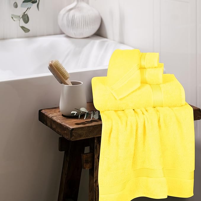 Elvana Home Ultra Soft 6 Pack Cotton Towel Set, Contains 2 Bath Towels 28x55 inch, 2 Hand Towels 16x24 inch & 2 Wash Coths 12x12 inch, Ideal for Everyday use, Compact & Lightweight - Yellow