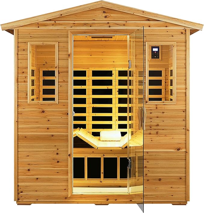 Full Spectrum Sauna, Outdoor Sauna 3 Person Infrared Sauna, Infrared Saunas for Home, 1950W 20A Low EMF Far Infrared Sauna Old Fir Wooden Sauna with Red Light Therapy, Reclining Seats