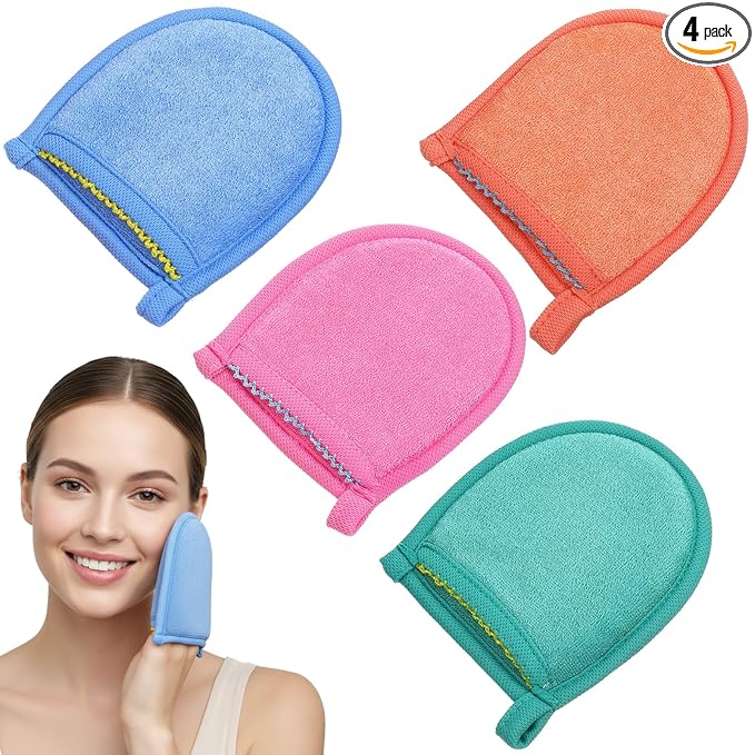 4 PCS Exfoliating Gloves, Exfoliating Facial Scrubber Mitt Facial Scrub Mitts Deep Exfoliatings Gloves for Face and Body Mitt Cleaning Mitten, Deep Face Cleaning Polishing Glove for Women Bath Shower
