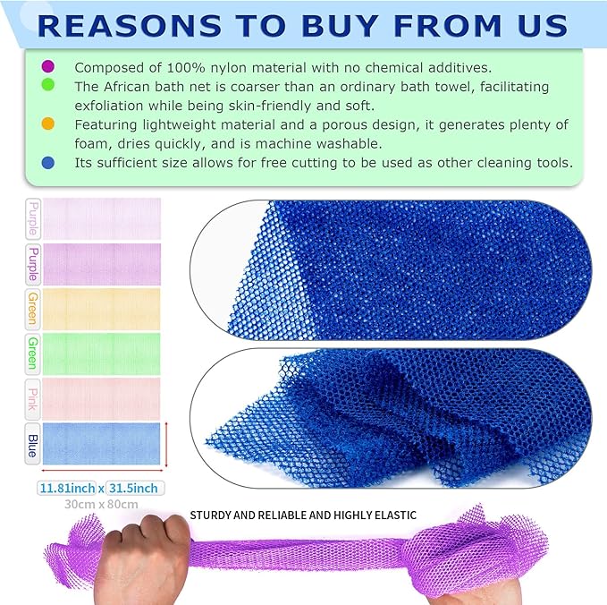 4 Pieces African Net Sponge – Premium African Net Sponge for Deep Exfoliation Quick-Dry and Reusable Mesh for Smooth Skin(Purple, Purple, Pink, Orange, Blue, Green)