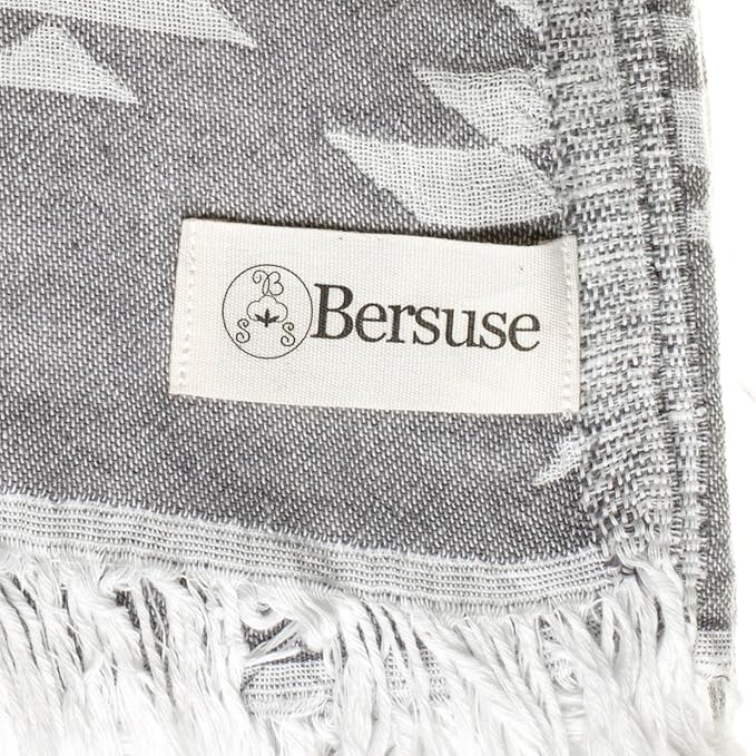 Bersuse 100% Cotton Teotihuacan XL Throw Blanket Turkish Towel Beach Blanket - Beach Camping Essentials - 75x90 Inches, Silver Grey