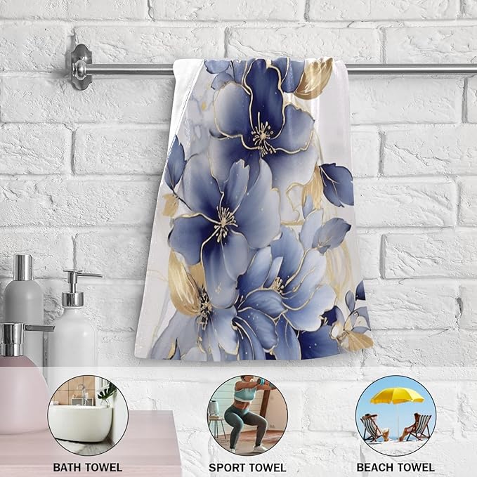 Abstract Blue Golden Floral Leaves Hand Towels for Bathroom Set of 2,Navy White Marble Floral Decorative Bathroom Towels for Bath,Face,Hair,Soft Absorbent Dish Towels for Kitchen Decor 28"x14"