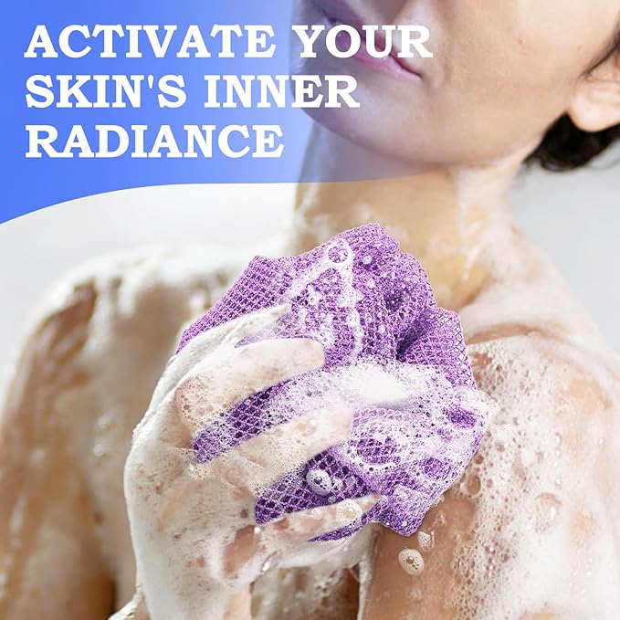 African Net Sponge - Deep Exfoliating Body Scrubber - Ultra Long African Net Sponge Reaches All Back Areas, Gently Buffs Away Dry Flaky Skin for a Renewed Feel, Home Spa Experience（Purple）