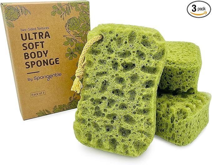 Spongentle Loofah Sponge for Shower and Bathing, Bath Sponge with Dual Texture, Shower Pouf for Gentle and Deep Exfoliation, Large Size Body Scrubber for Men & Women, PU Foam, 37% More Lather, 3 Pack