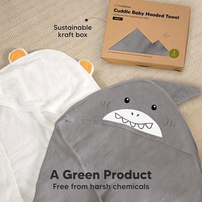 KeaBabies Hooded Baby Towel for Newborn - Viscose Derived from Bamboo Large Baby Bath Towels with Hood for Boys, Girls, Toddler, Extra Absorbent & Soft Newborn Bath Essentials (Shark, Regular)