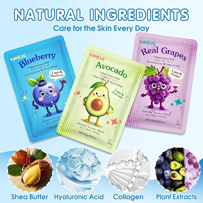 KONEUK 28 Pack Fruit Face Masks Skincare for Kids Girls, Sheet Collagen Face Mask for Women Skin Care, Bulk Hydrating Facial Mask for All Skin Types, Mothers Day Gifts and Party Spa Gifts for Teens