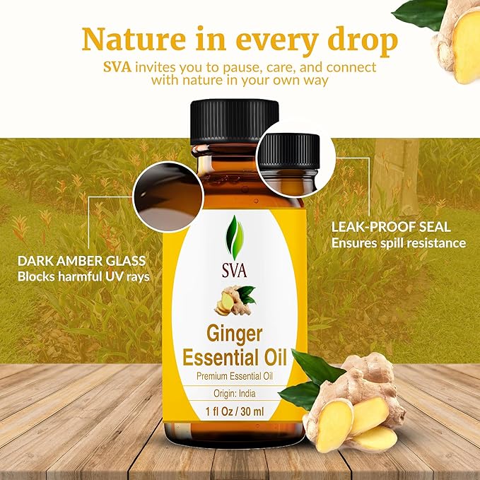 SVA Ginger Essential Oil – 1 Fl Oz – 100% Natural Ginger Oil - for Diffuser, Hair Care, Face, Skin Care, Aromatherapy, Scalp and Body Massage, Soap and Candle Making – with Dropper