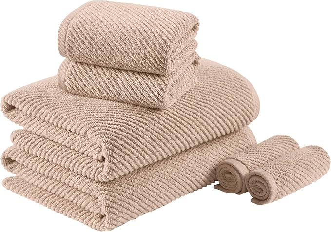 Madison Park Bathroom Towel Set of 6 Diagonal Ribbed, Beige 100% Cotton Quick Dry & Absorbent| 2 Bath 30" x 56"| 2 Hand 18" x 28"| 2 Washcloths 13" x 13"| Zero Twist, 500 GSM, Oeko-TEX