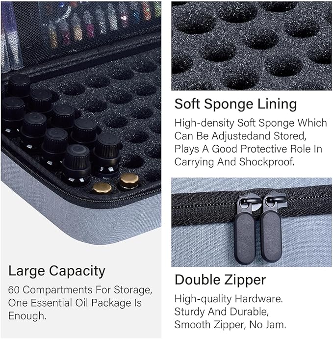 Essential Oils Carrying Case Holds 60 Grids for 1-3ML Roller Bottles 5ml, 10ml, 15ml Bottles Storage Organizer Bag Hard Shell EVA, Essential Oil Bag with Detachable Sponge Pad Grey