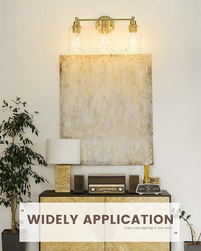 FEMILA Bathroom Vanity Light,Farmhouse Modern Vanity Lighting fixtures,Vintage Wall Lamp, Champagne Gold Finish with Clear Glass Shade,4FYC56B-3W BG