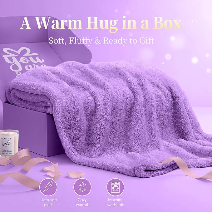 Birthday Gift for Women - Luxury Spa Self Care Kit for Her - Perfect Birthday Gifts for Wife Mom Girlfriend Sister - Relaxing Spa Experience with Blanket Candle Bath Bomb Tumbler - Purple Gift Box