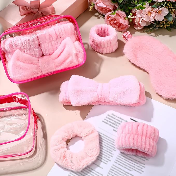 Hoteam 10 Pcs Spa Party Supplies Gift for Mother's Day Sleepover Party Favor Spa Headband Wristband Sleep Eye Mask Velvet Scrunchies for Skin Care Makeup Slumber Night Favor(Pink)