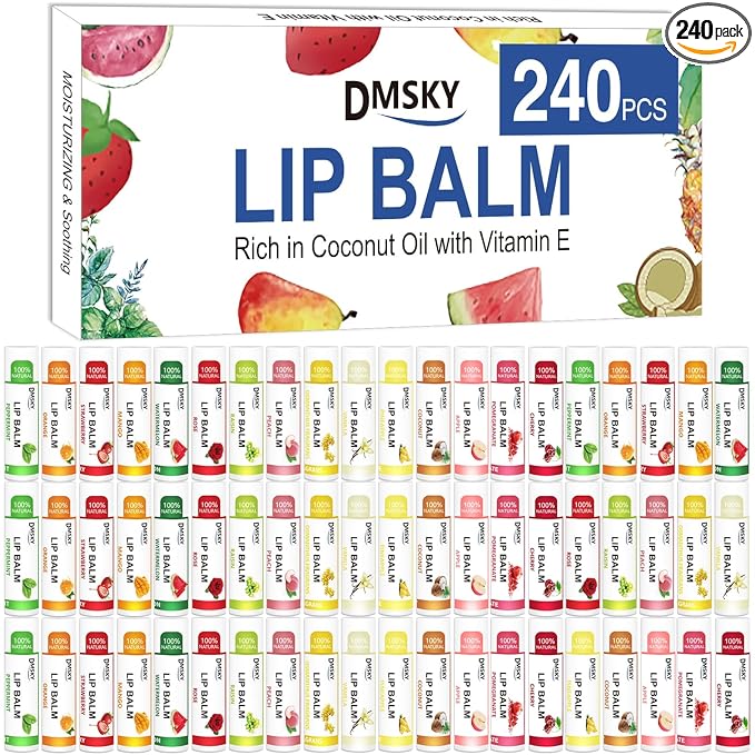 DMSKY Lip Balm 240 Pack, Natural Lip Balm Bulk with Vitamin E and Coconut Oil, Moisturizing Lip Care for Dry Chapped Lips, Party Favors-12 Flavors