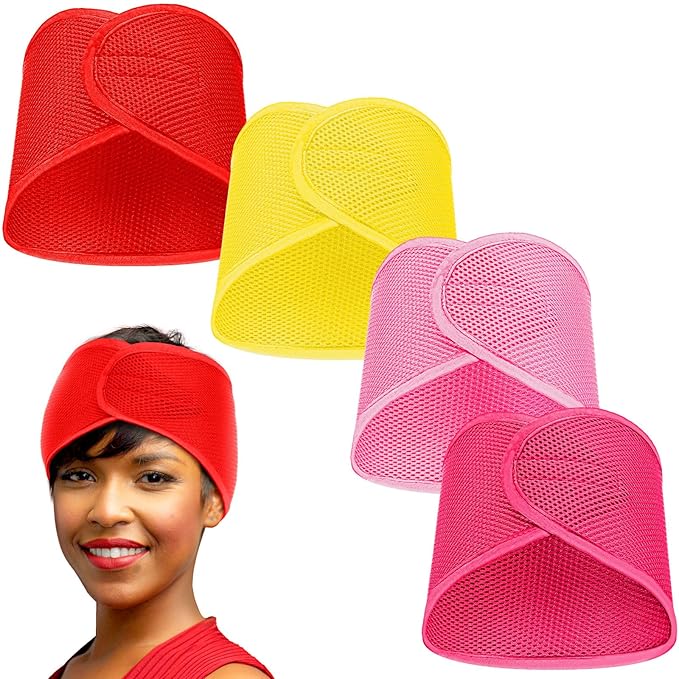 Xuhal 4 Pieces Mesh Hair Wraps for Black Women's Natural Hair - Sleeping Cap, Spa Headbands, Face Wash Nets (Orange, Yellow, Pink, Rose Red)