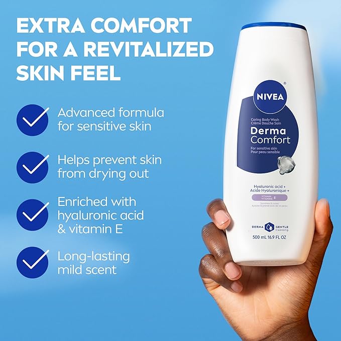 NIVEA Derma Comfort Caring Body Wash for Sensitive Skin, Body Wash with Hyaluronic Acid, Mothers Day Gifts, 16.9 Fl Oz Bottle, Pack of 3