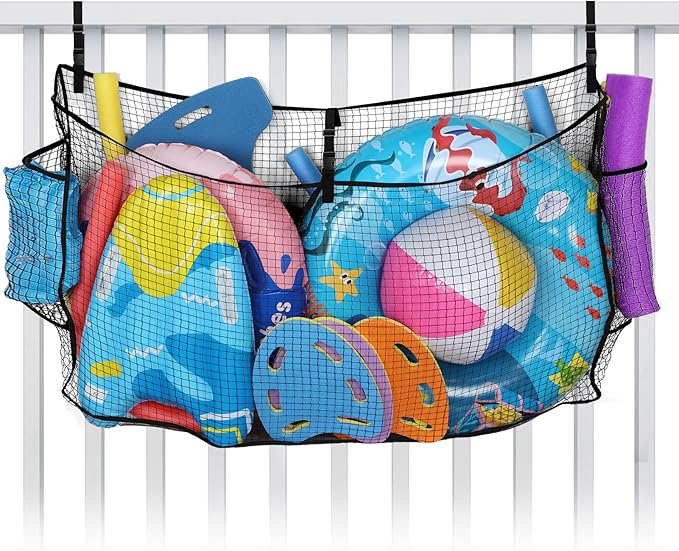 Large Pool Float Toy Storage Net - 59 x11.8x33.5in Durable Mesh Net Organizer for Fence with Straps, Poolside Fence Toys Holder for Inflatable Rafts Pool Noodles Balls Swimming Ring