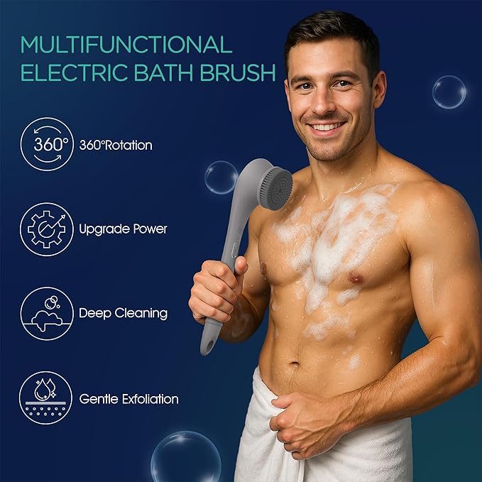 VOYOR Electric Body Brush Back Scrubber Silicone Body Scrubber Two-Way Rotating Brush Head for Deep Cleaning, Exfoliation, 4 Attachments Long Handle IPX6 Rechargeable Shower Brush BC300 (Grey)