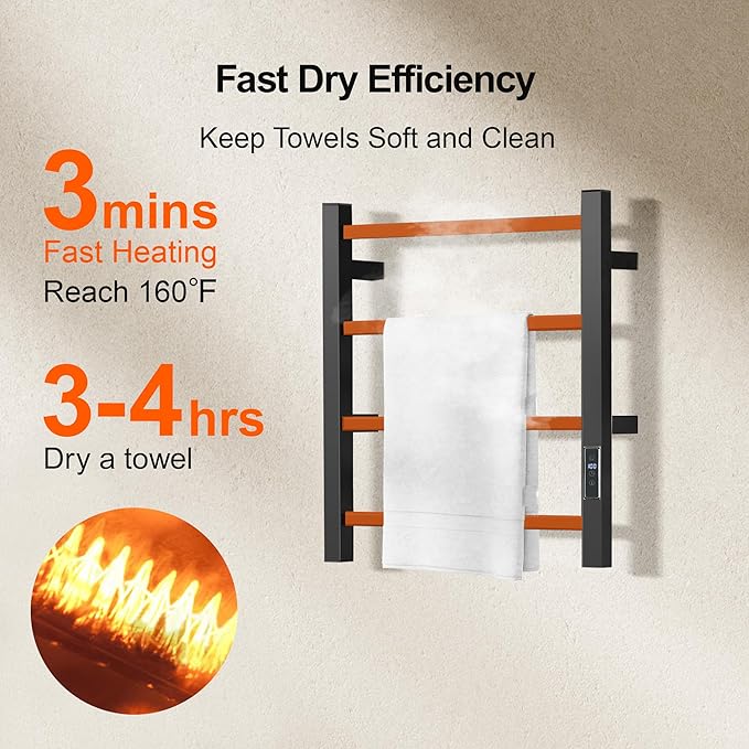 HARNDY Electric Towel Rack with Voice Control for Alexa & Google Home,TUYA - Wall-Mounted Bathroom Heating Towel Warmer,Plug-in,Stainless Steel Material (Square Black with Timer, 4 Bar)