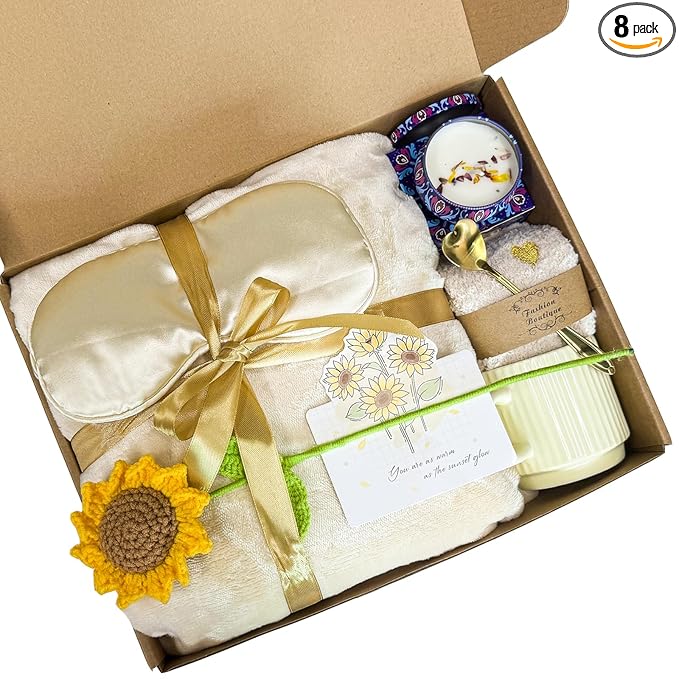 FXK Sunflower Gift Baskets for Women, Self Care Package with Wearable Blanket, Socks, Candle, Mug & Greeting Card - Birthday, Get Well, Thinking of You Gifts for Mom Wife Best Friend- Almond