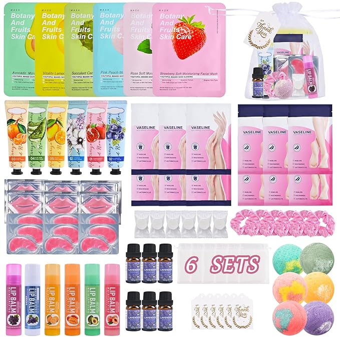 KYDA 78PCS SPA Party Supplies, Face Mask, Hand Cream, Lip Balm, Under Eye Patches, Lip Mask, Foot Bath Bomb, Essential Oil, Hand Mask, Foot Mask and Hair Band, Spa Birthday Sleepover Party Supplies