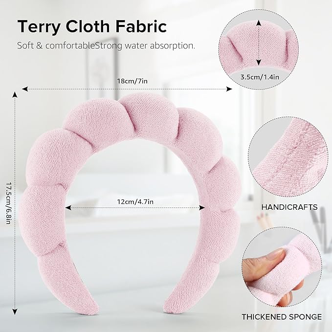 Ztomine Spa Headbands for Face Washing, Facials, Masks & Skin Treatments, Set of 2, 100% Cotton Terry Cloth, Plush Soft Absorbent Headband, Pink & Blue